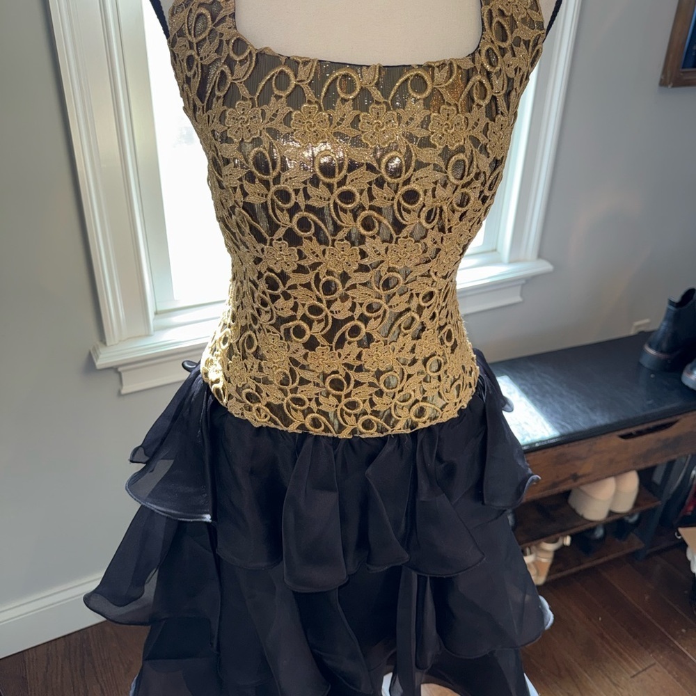 Vintage Richilene Gold Lace Brocade Black Ruffle Skirt Cocktail Dress Sz 10